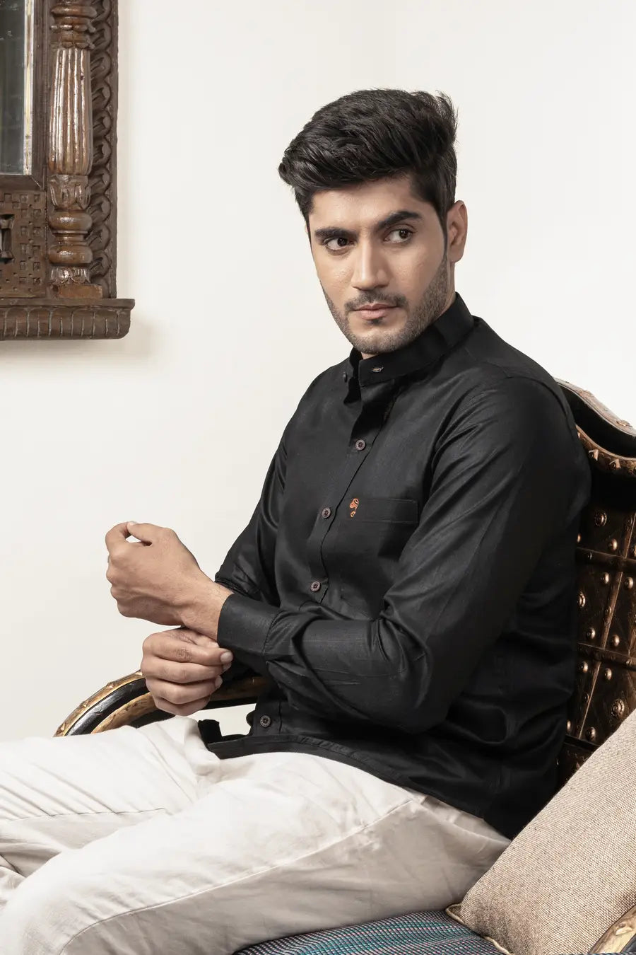 Cotton Linen Plain Black Mandarin Collar Shirt