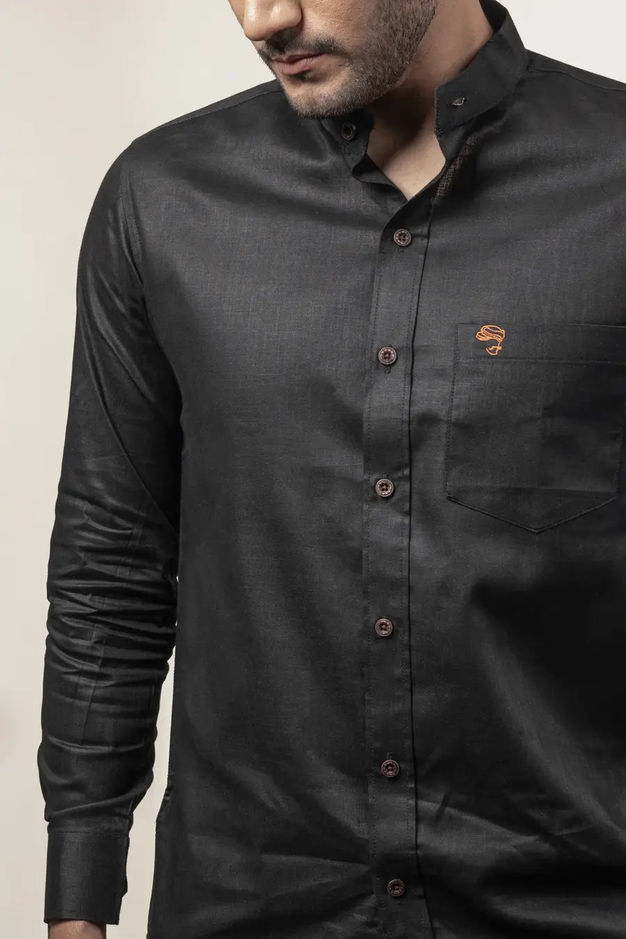 Cotton Linen Plain Black Mandarin Collar Shirt