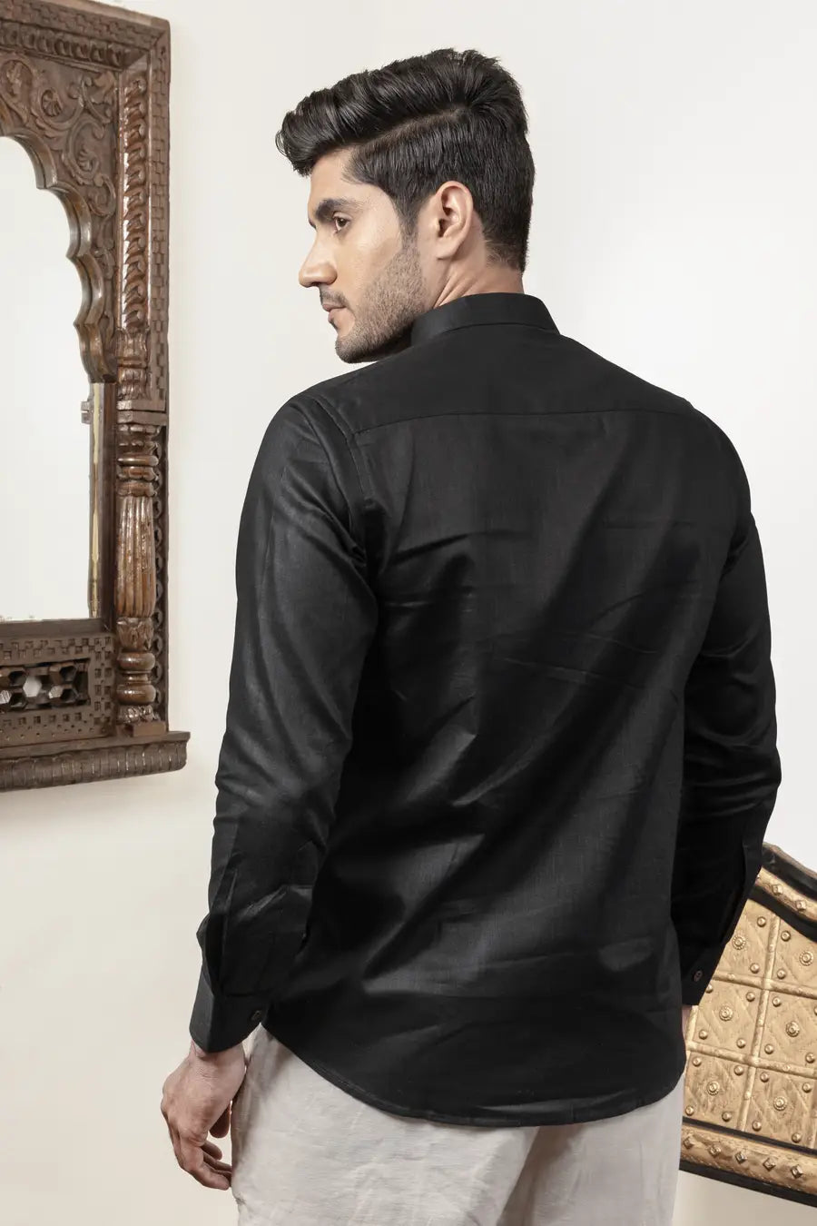 Cotton Linen Plain Black Mandarin Collar Shirt