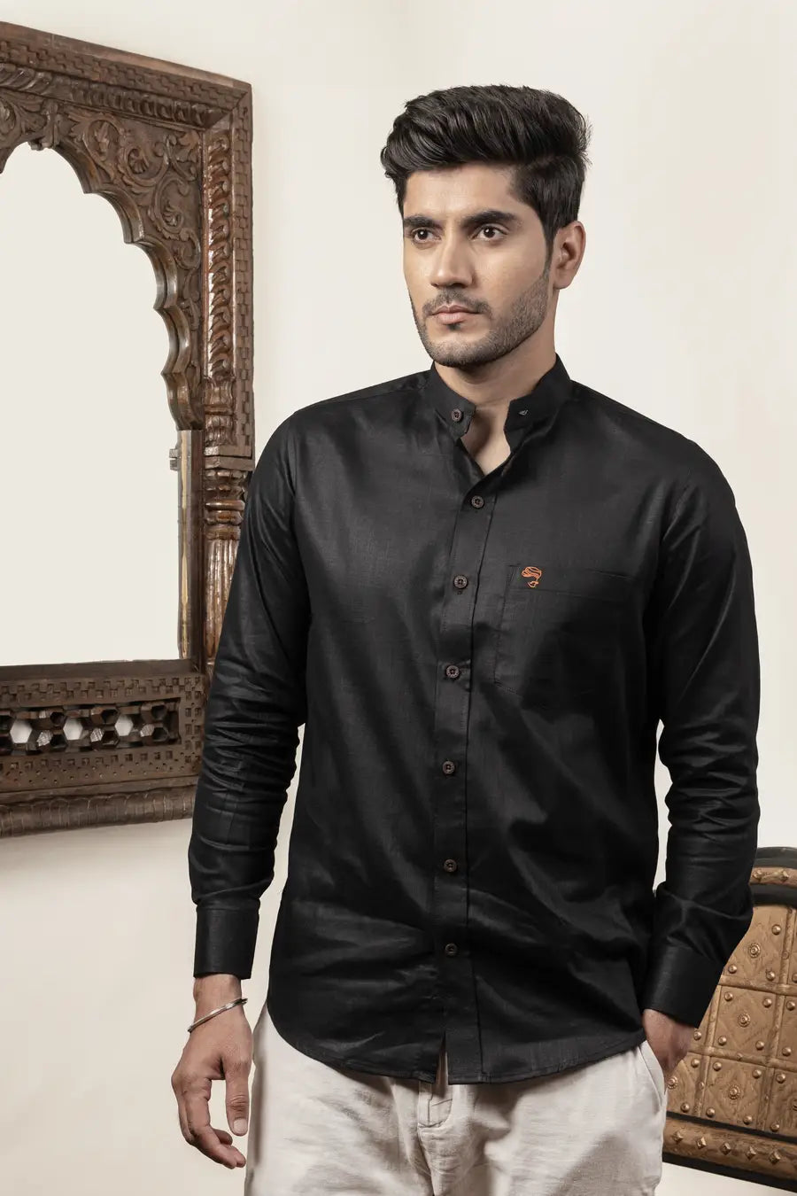 Cotton Linen Plain Black Mandarin Collar Shirt