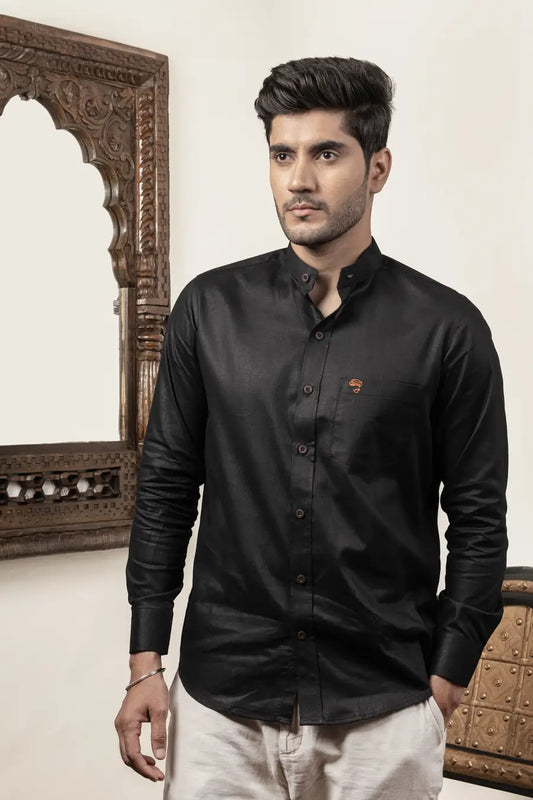 Cotton Linen Plain Black Mandarin Collar Shirt