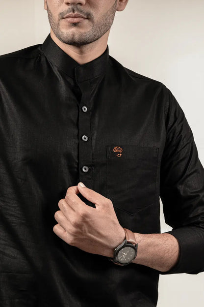 Cotton Linen Plain Black Mandarin Collar Short Kurta