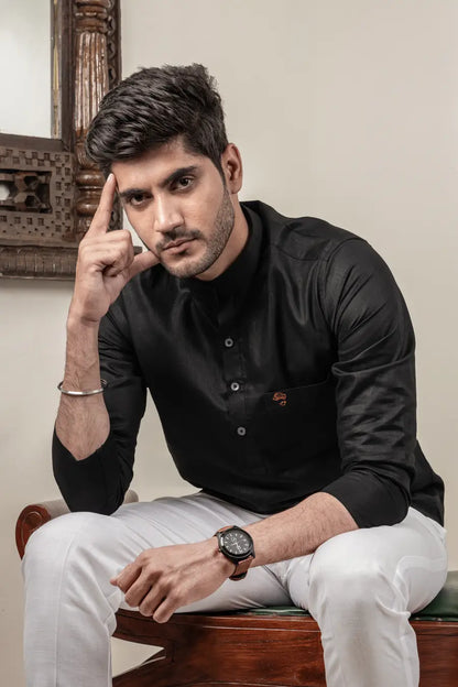 Cotton Linen Plain Black Mandarin Collar Short Kurta