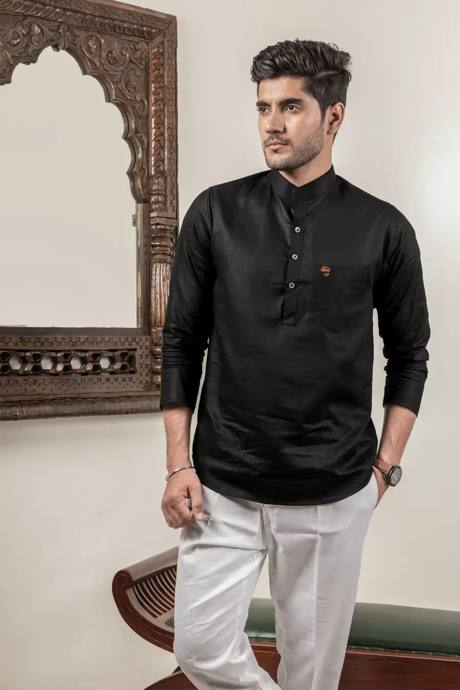 Cotton Linen Plain Black Mandarin Collar Short Kurta