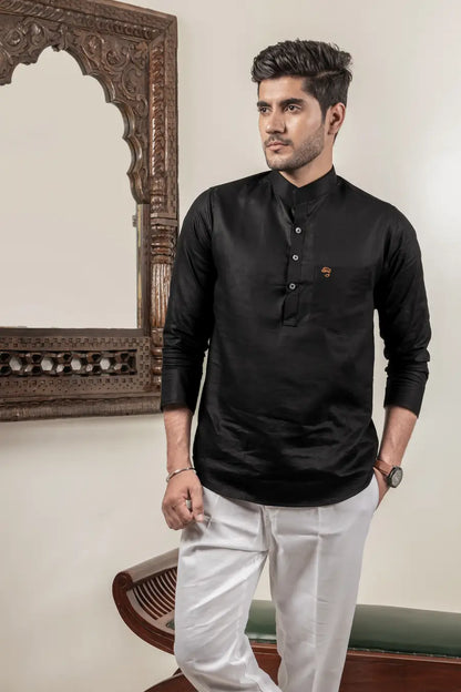Cotton Linen Plain Black Mandarin Collar Short Kurta
