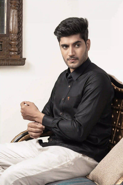 Cotton Linen Plain Black Shirt