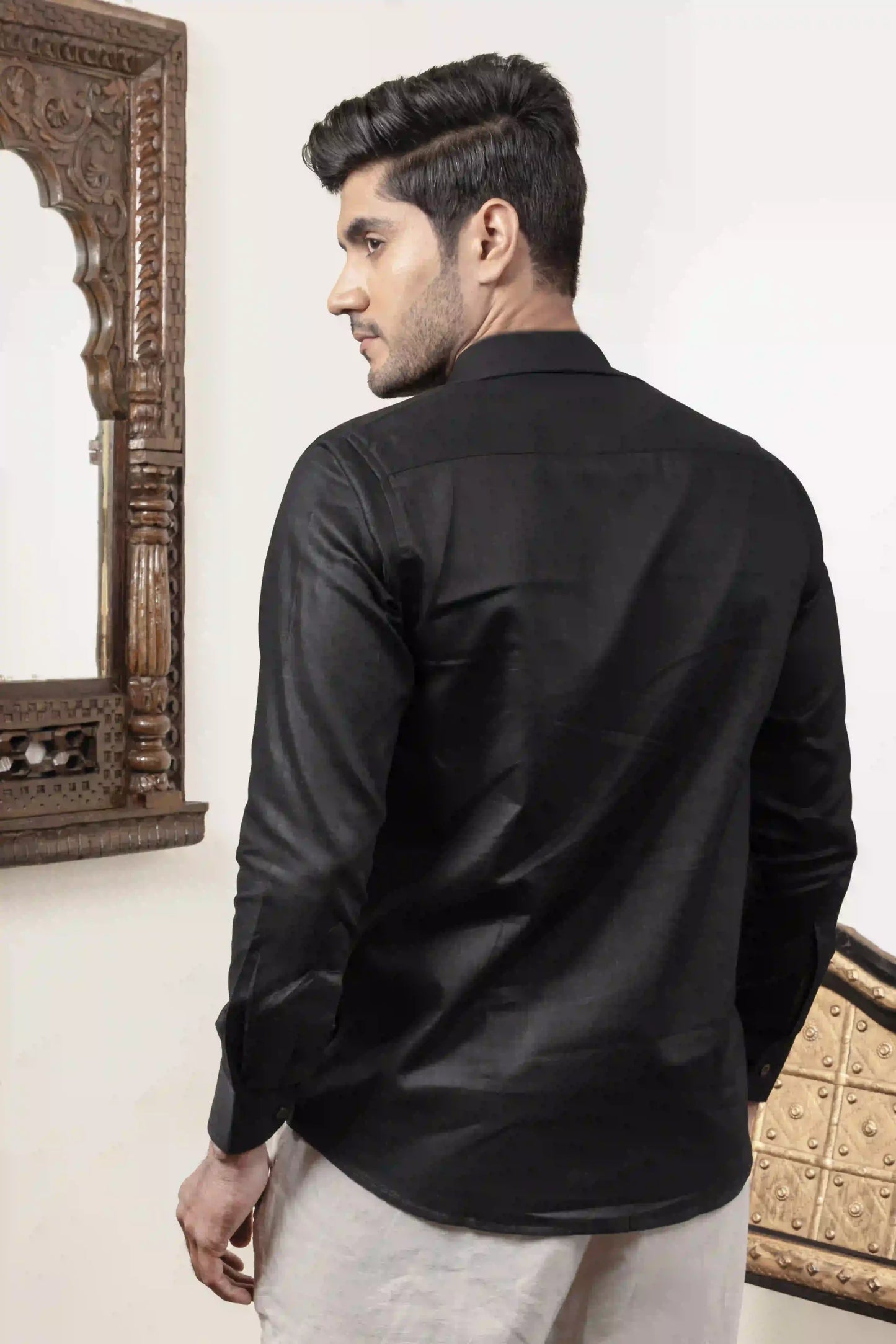 Cotton Linen Plain Black Shirt