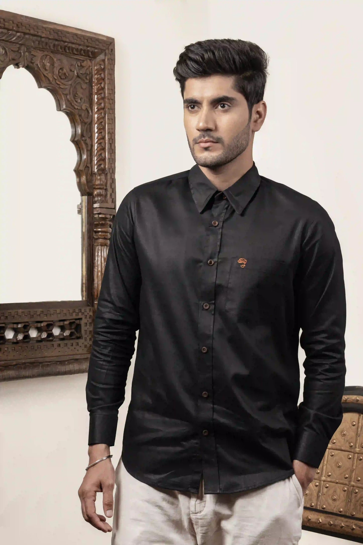 Cotton Linen Plain Black Shirt