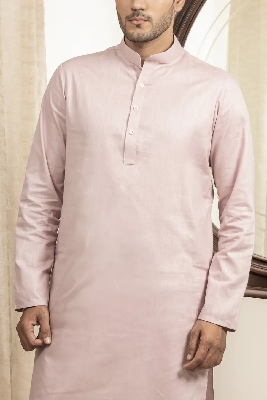 Cotton Linen Plain Dusty Pink Mandarin Collar Long Kurta