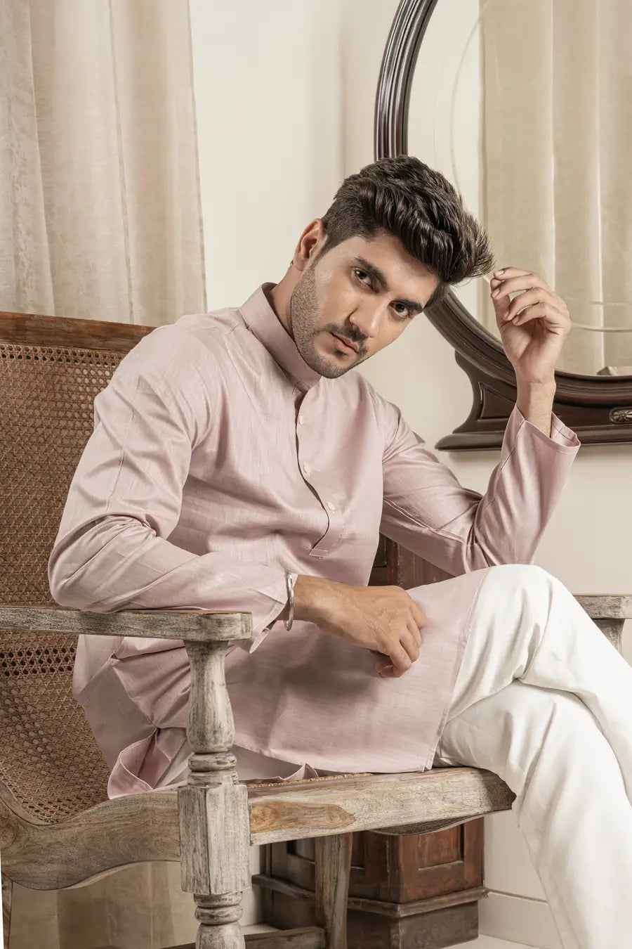 Cotton Linen Plain Dusty Pink Mandarin Collar Long Kurta