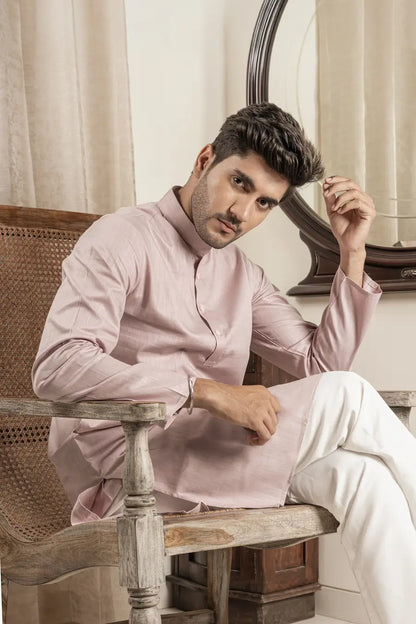 Cotton Linen Plain Dusty Pink Mandarin Collar Long Kurta