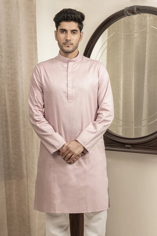 Cotton Linen Plain Dusty Pink Mandarin Collar Long Kurta