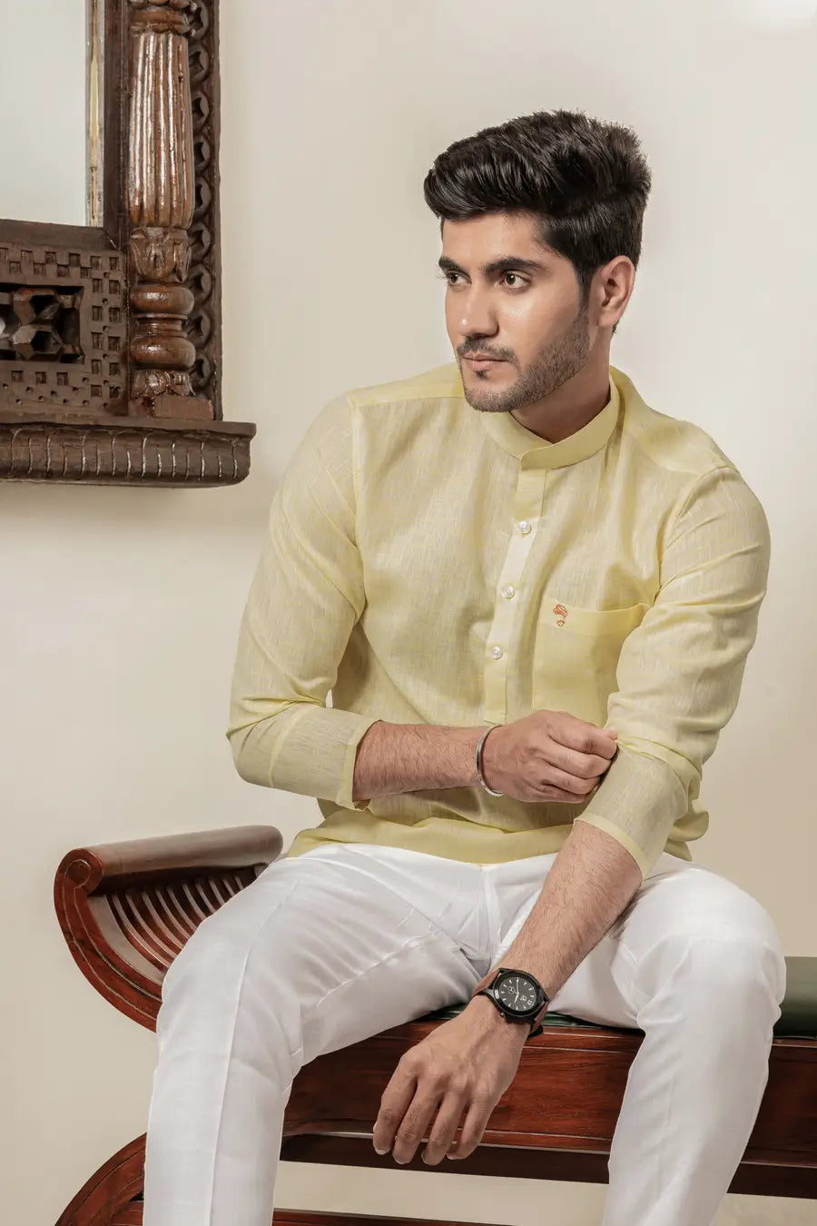 Cotton Linen Plain Lemon Yellow Mandarin Collar Short Kurta