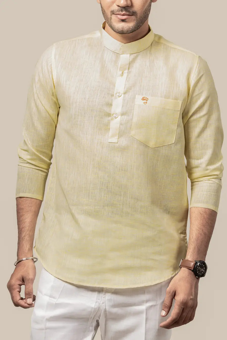 Cotton Linen Plain Lemon Yellow Mandarin Collar Short Kurta