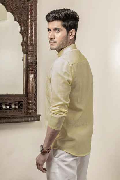 Cotton Linen Plain Lemon Yellow Mandarin Collar Short Kurta