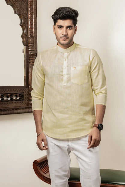Cotton Linen Plain Lemon Yellow Mandarin Collar Short Kurta