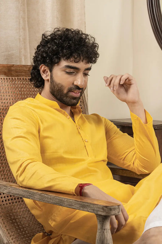 Cotton Linen Plain Mustard Yellow Mandarin Collar Long Kurta