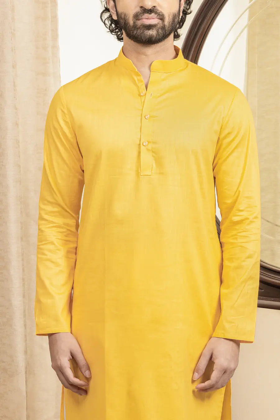 Cotton Linen Plain Mustard Yellow Mandarin Collar Long Kurta