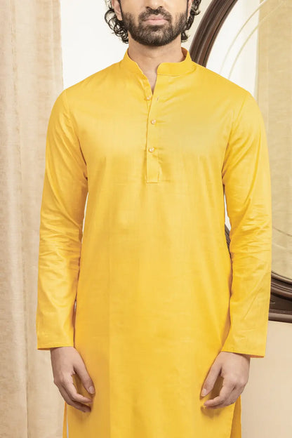 Cotton Linen Plain Mustard Yellow Mandarin Collar Long Kurta