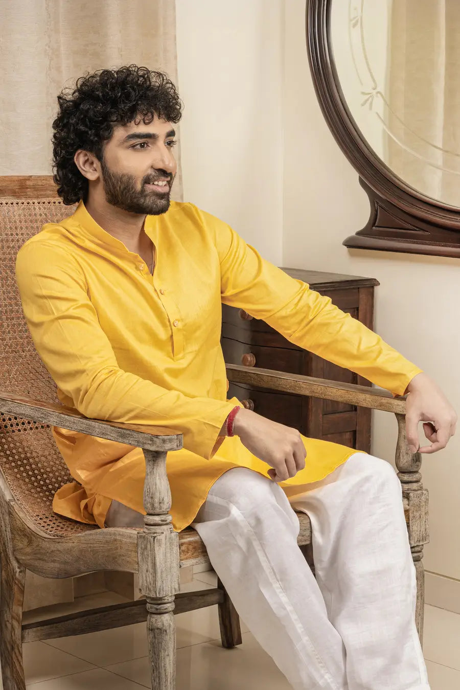 Cotton Linen Plain Mustard Yellow Mandarin Collar Long Kurta