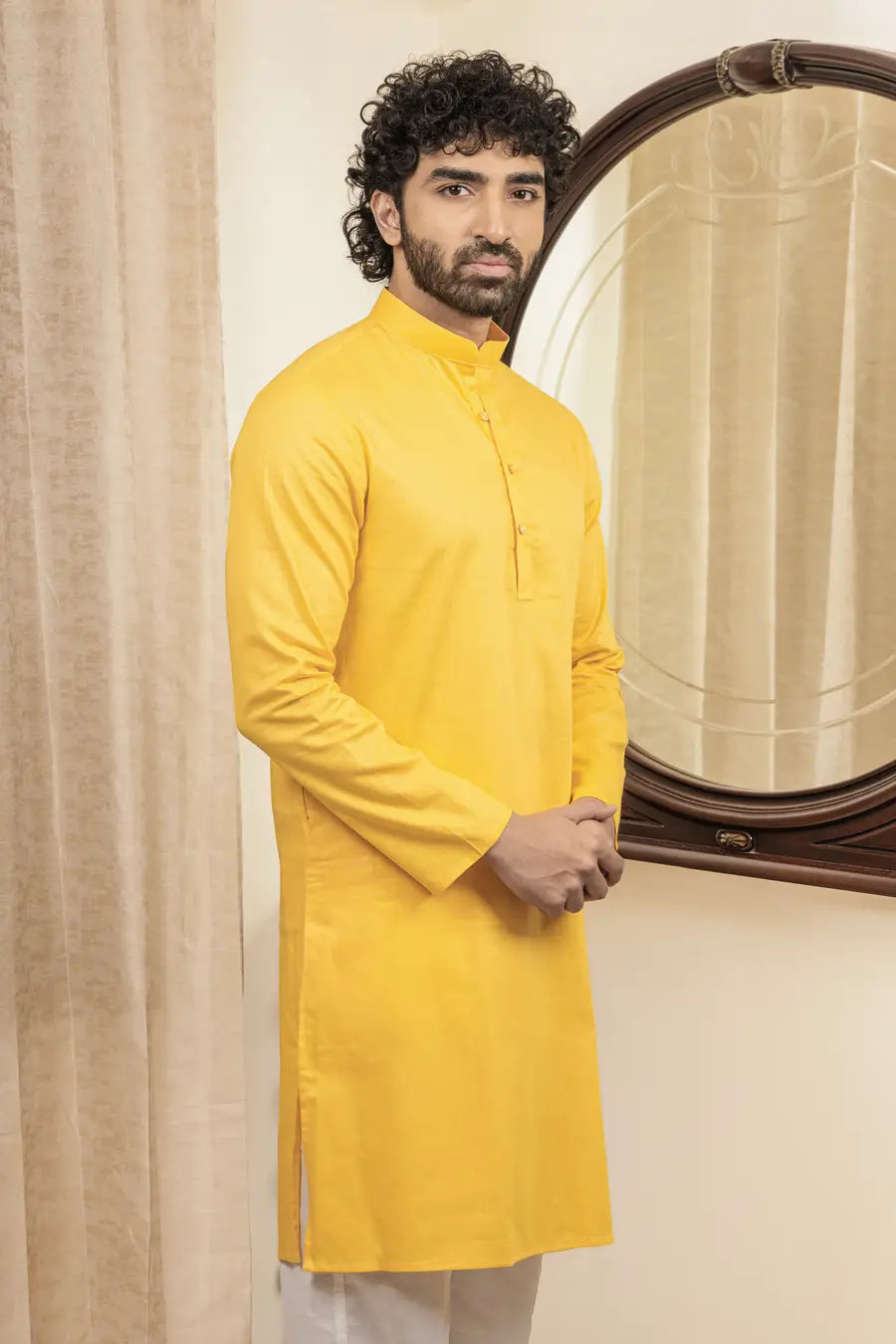 Cotton Linen Plain Mustard Yellow Mandarin Collar Long Kurta