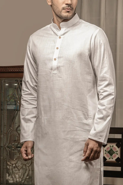 Cotton Linen Plain White Mandarin Collar Long Kurta