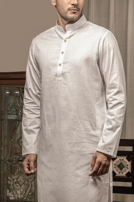 Cotton Linen Plain White Mandarin Collar Long Kurta