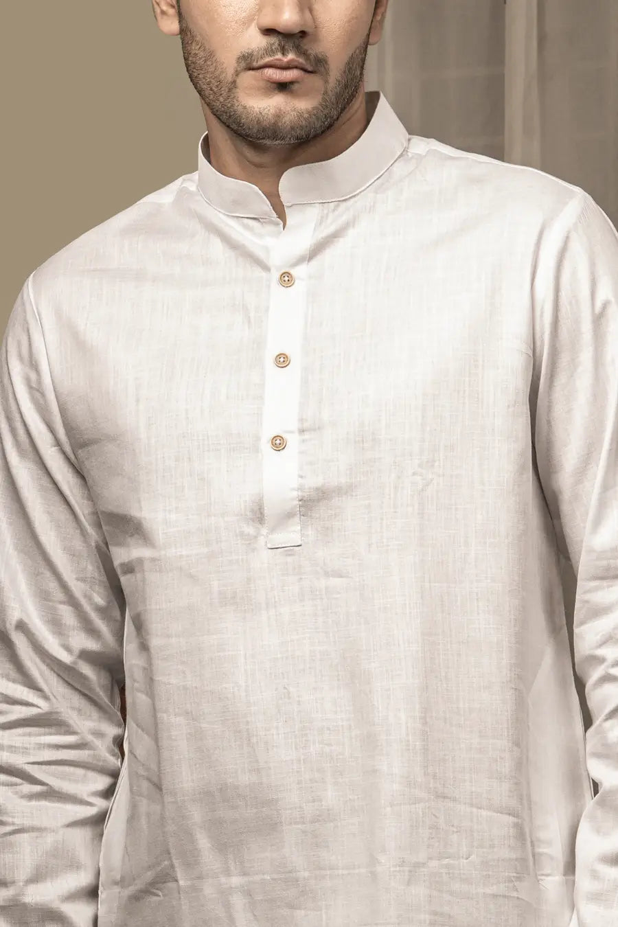 Cotton Linen Plain White Mandarin Collar Long Kurta