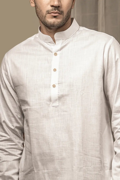 Cotton Linen Plain White Mandarin Collar Long Kurta