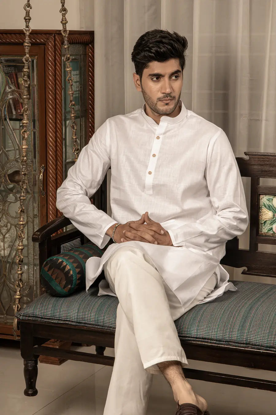 Cotton Linen Plain White Mandarin Collar Long Kurta