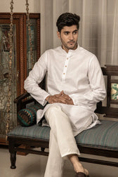 Back view of Cotton Linen Plain White Mandarin Collar Long Kurta highlighting straight-cut design
