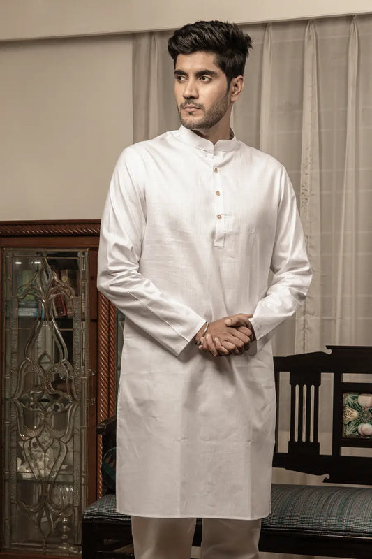 Cotton Linen Plain White Mandarin Collar Long Kurta