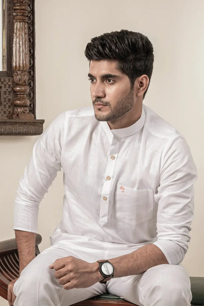 Cotton Linen Plain White Mandarin Collar Short Kurta