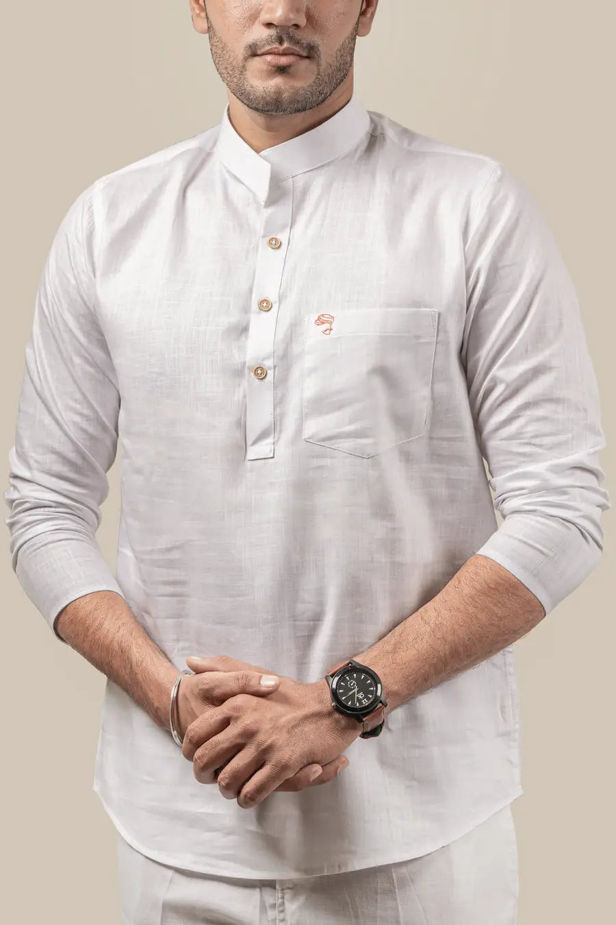 Cotton Linen Plain White Mandarin Collar Short Kurta