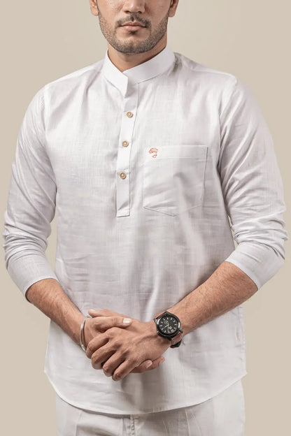 Cotton Linen Plain White Mandarin Collar Short Kurta