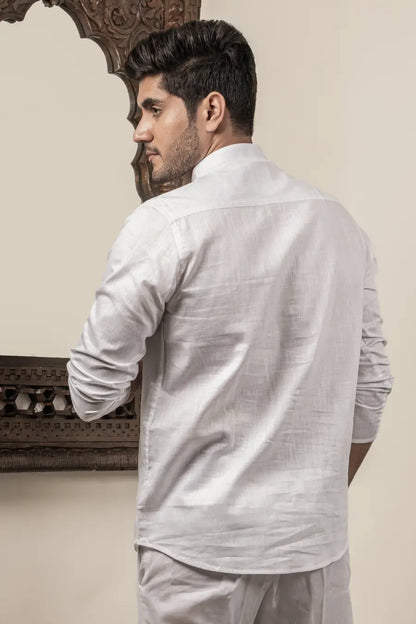 Cotton Linen Plain White Mandarin Collar Short Kurta