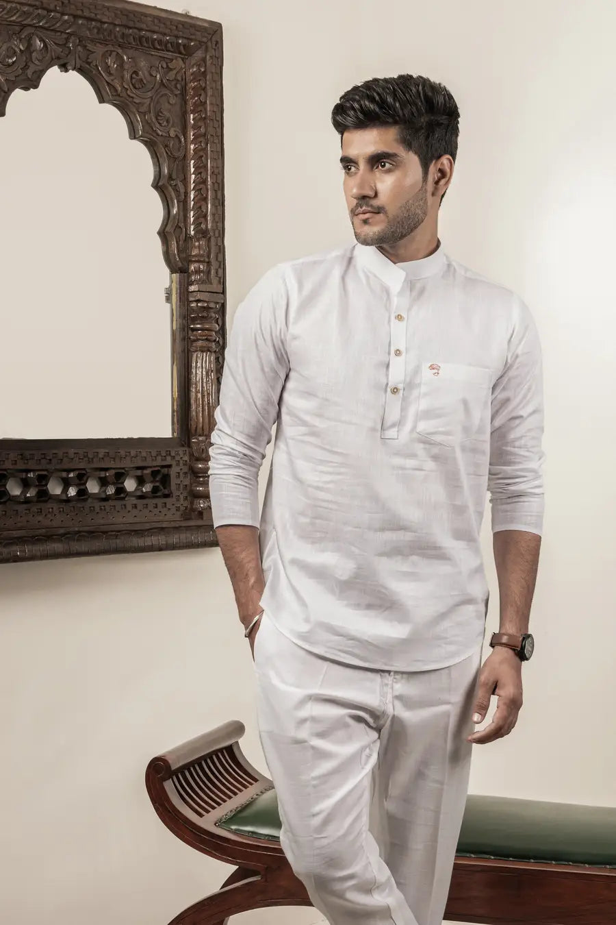 Cotton Linen Plain White Mandarin Collar Short Kurta