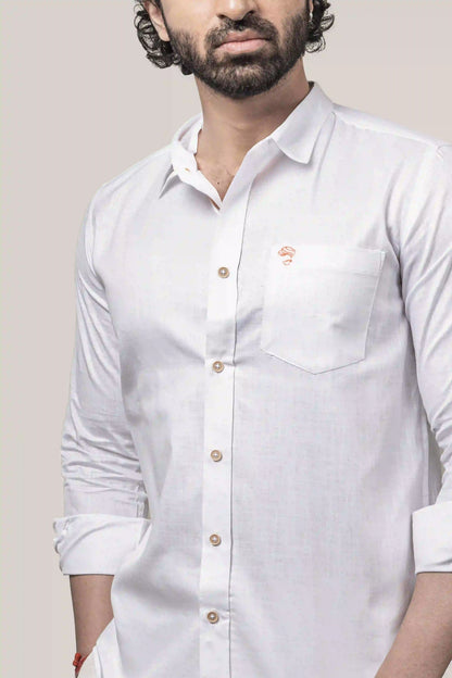 Cotton Linen Plain White Mandarin Collar Shirt