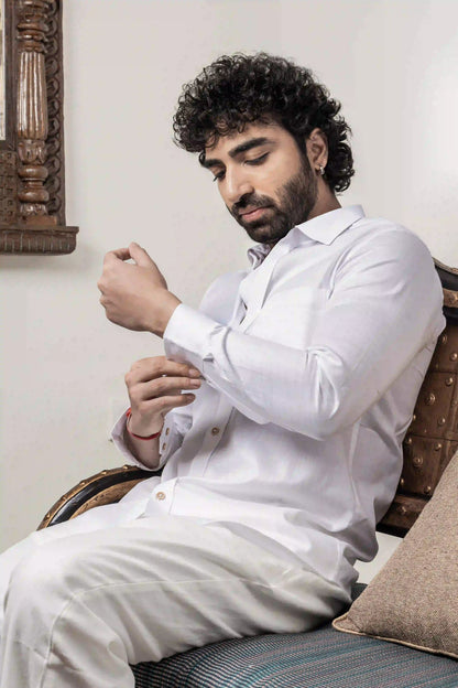 Cotton Linen Plain White Mandarin Collar Shirt