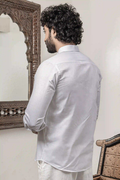 Cotton Linen Plain White Mandarin Collar Shirt