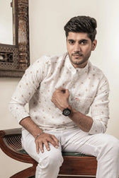 Back view of Cotton Linen Printed Brown and White Mandarin Collar Short Kurta
