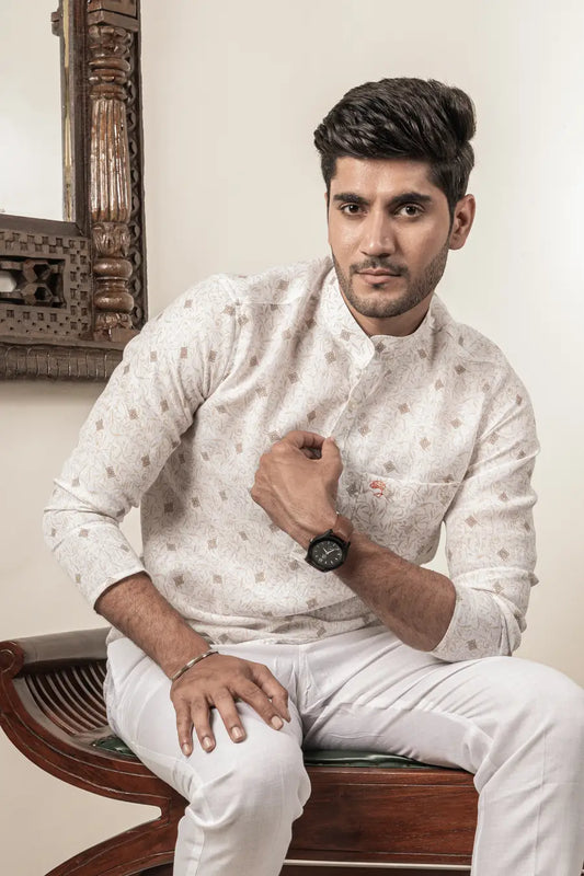 Cotton Linen Printed Brown And White Mandarin Collar Short Kurta