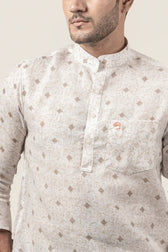 Side view of Cotton Linen Printed Brown and White Mandarin Collar Short Kurta