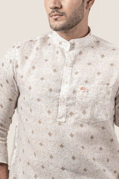 Cotton Linen Printed Brown And White Mandarin Collar Short Kurta