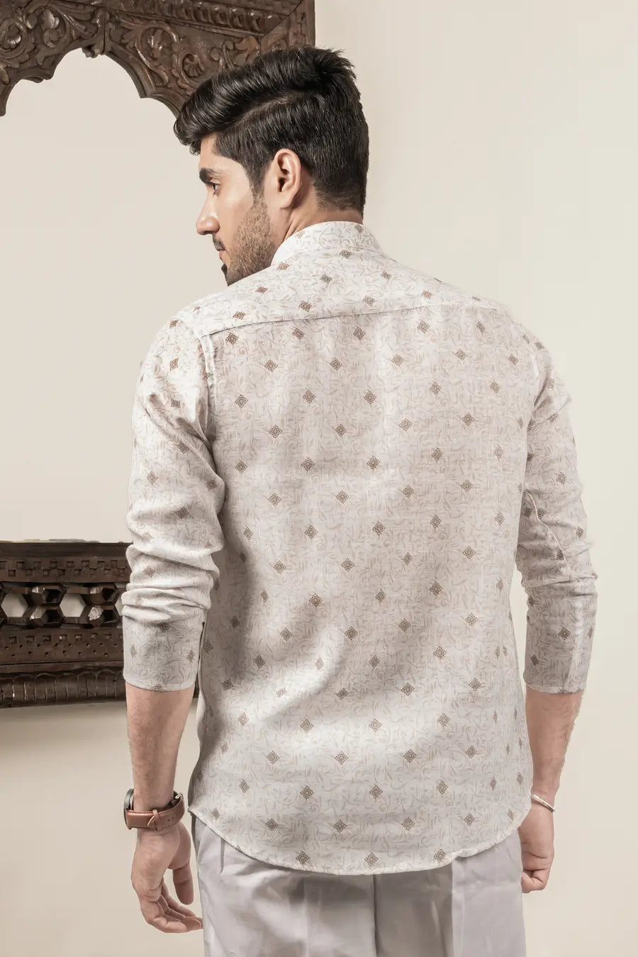 Cotton Linen Printed Brown And White Mandarin Collar Short Kurta