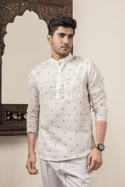 Cotton Linen Printed Brown And White Mandarin Collar Short Kurta