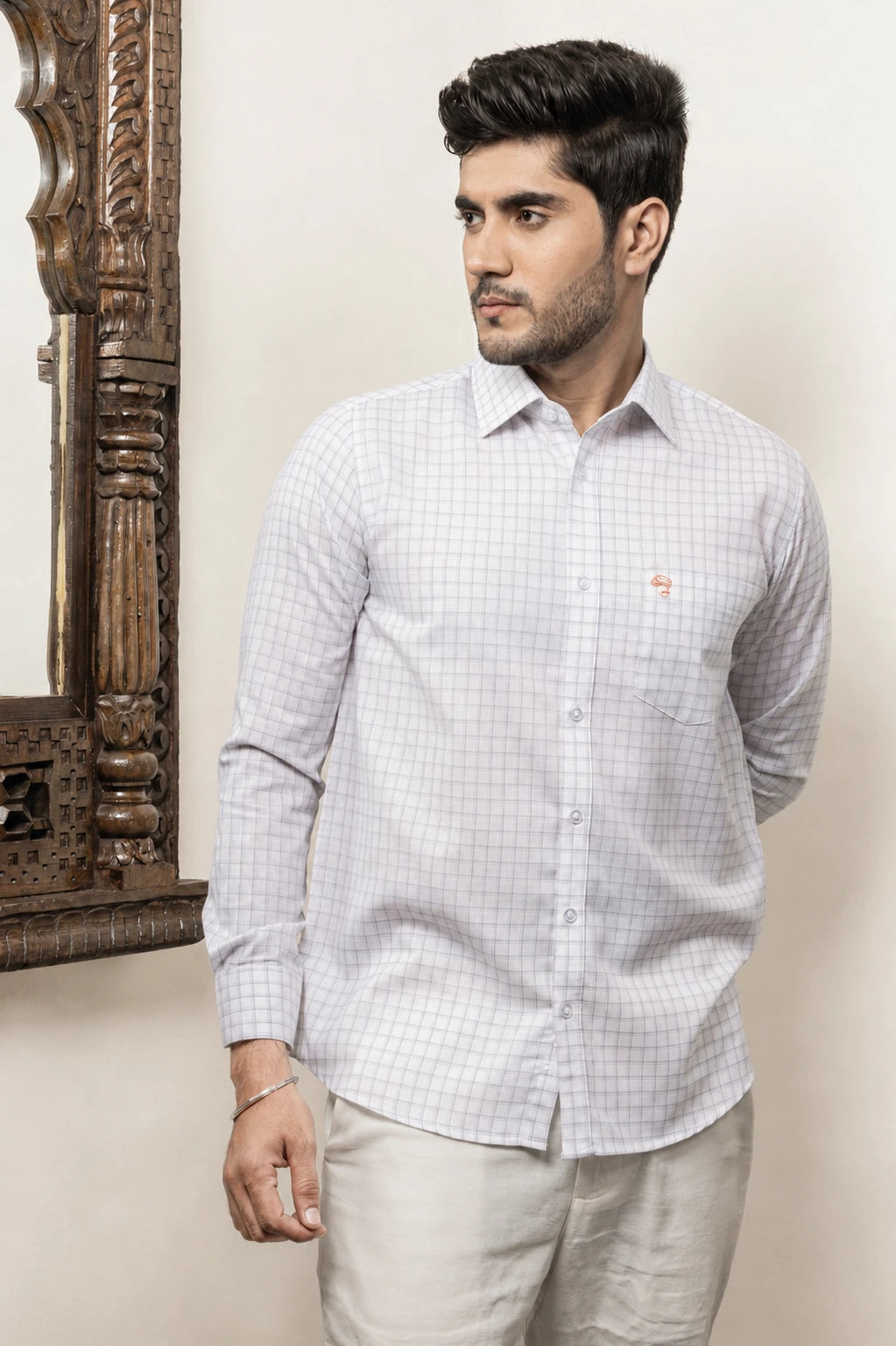 Cotton Linen Checked White Shirt