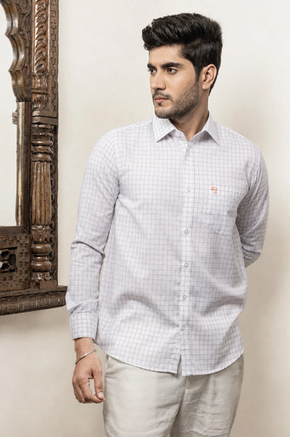 Cotton Linen Checked White Shirt