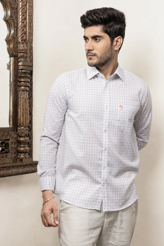 Cotton Linen Checked White Shirt