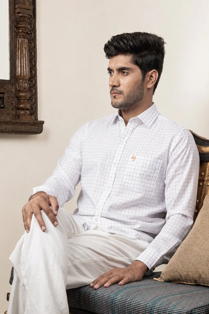 Cotton Linen Checked White Shirt